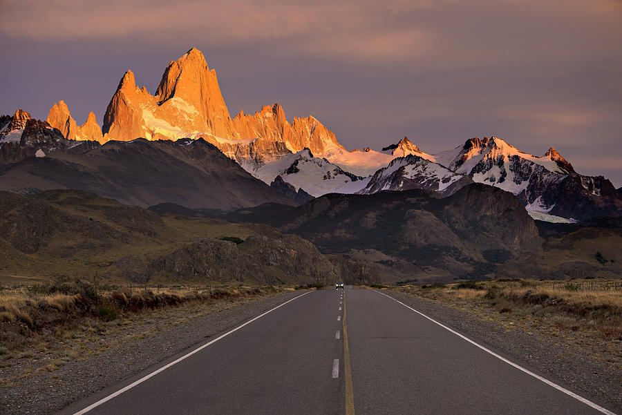 Highway And Fitz Roy Mountain Range At Dawn El Chalten Los