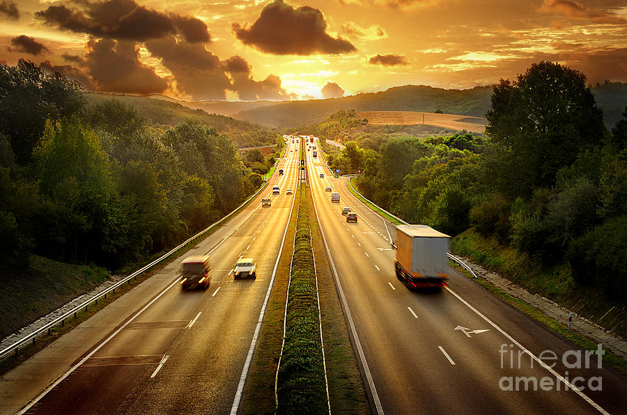 Auto Photograph - Highway Traffic In Sunset by Llaszlo