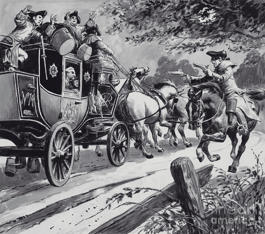 Highwayman robbing a stagecoach Painting by English School