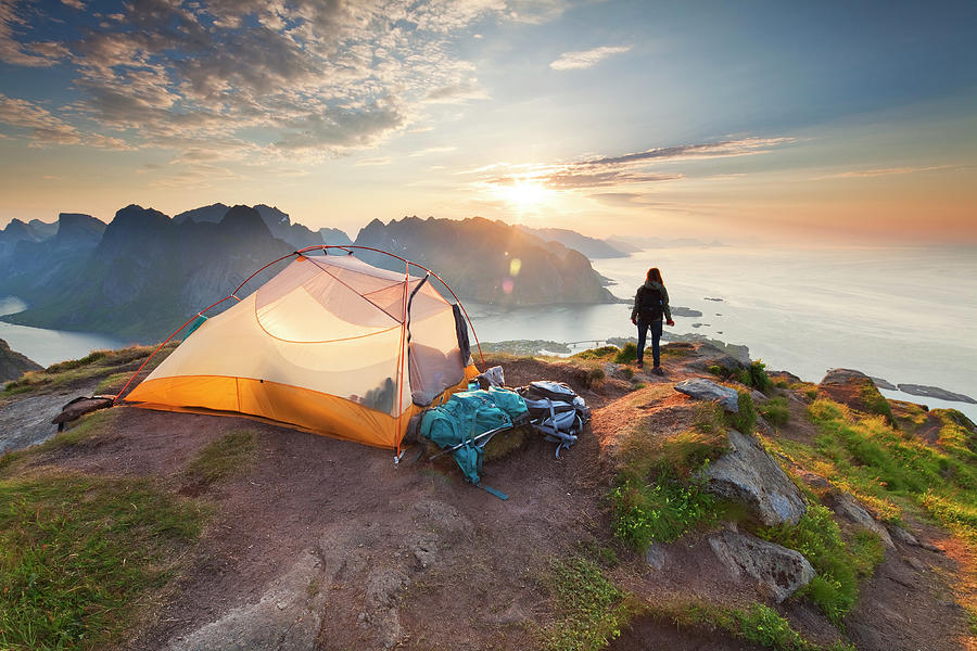 Hiker & Tent, Nordland, Norway Digital Art by Luigi Vaccarella