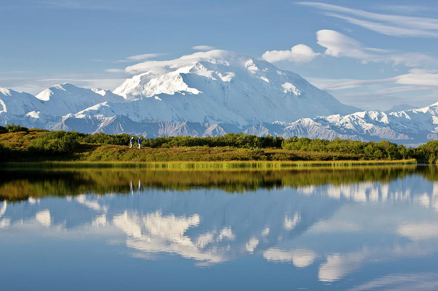 Hikers At Reflection Pond In Denali by Tegra Stone Nuess