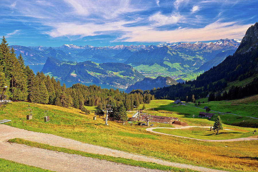 Nature Photograph - Hillside landscape under Pilatus mountain with Lucerne lake aeri by Brch Photography