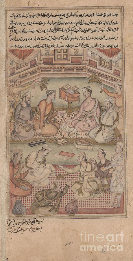 Hindu And Muslim Scholars Translate The Mahabharata From Sanskrit Into Persian, Illustration From The Razmnama, 1598-99 Painting by Indian School