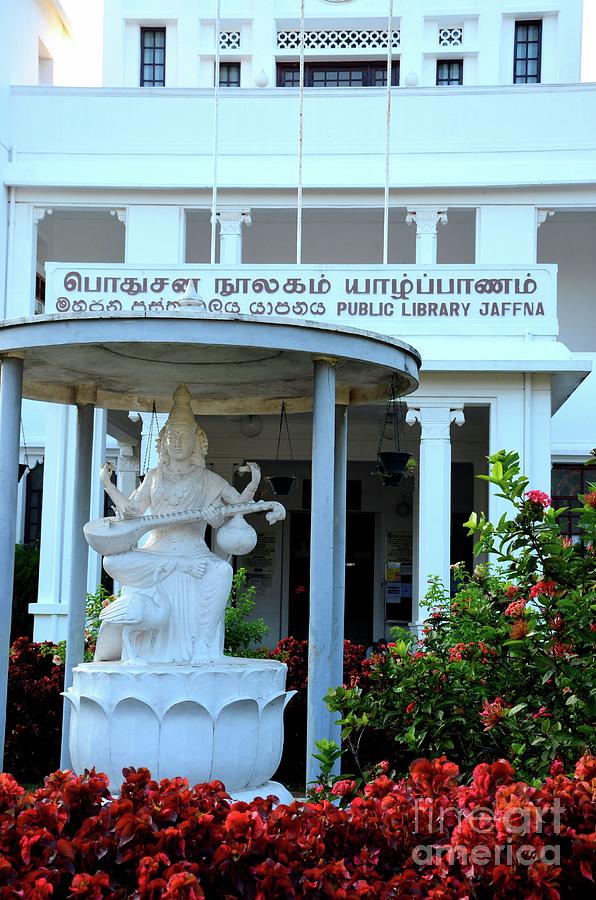 Hindu goddess Saraswati at entrance of Jaffna Public Library landmark building for Tamils Sri Lanka Photograph by Imran Ahmed