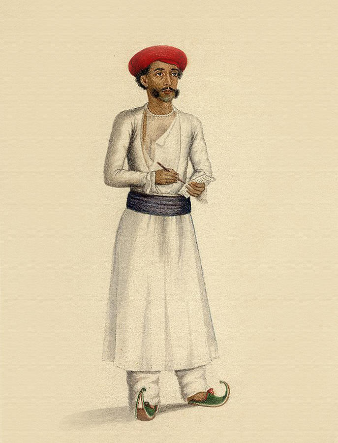 Hindu man stands in white tunic over white trousers Painting by Unknown