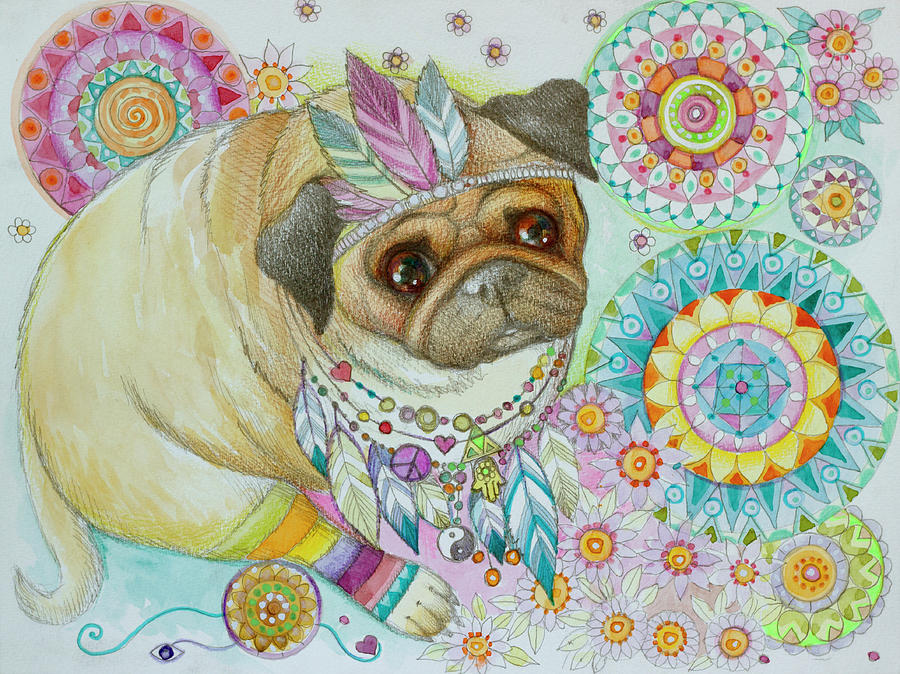 Feather Painting - Hippie Pug 2 by Oxana Zaika