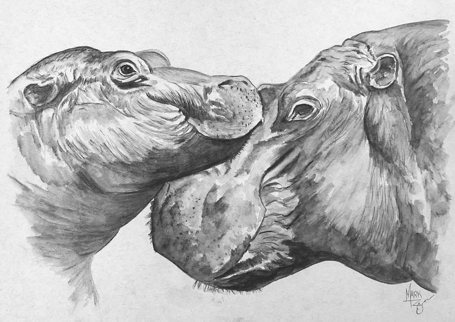 Hippo Love Black and White Painting by Mark Ray
