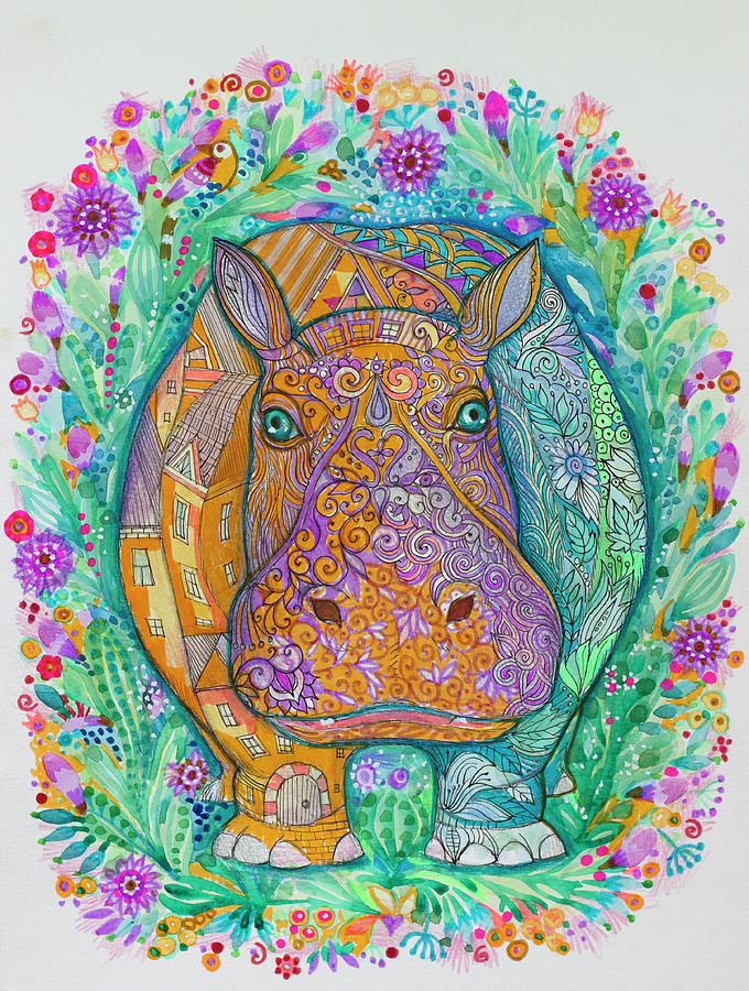 Animal Painting - Hippo by Oxana Zaika