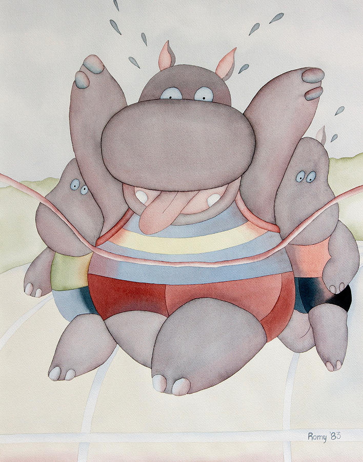 Humorous Painting - Hippo Race by Romy Muirhead