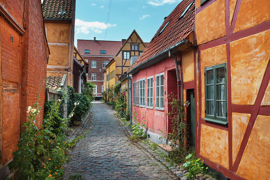 Historic Houses On Cobbled Street In Helsingor, Zealand, Denmark ...