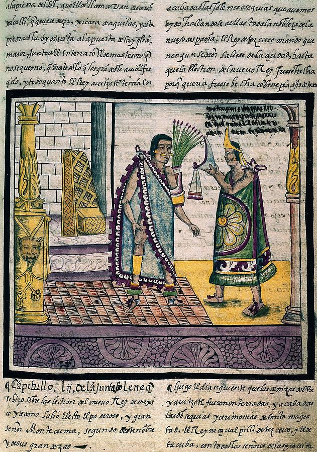 History of the Indians of New Spain  Moctezuma is accepting the crown of a prince. 1502. Drawing by Diego Duran -1537-1588-