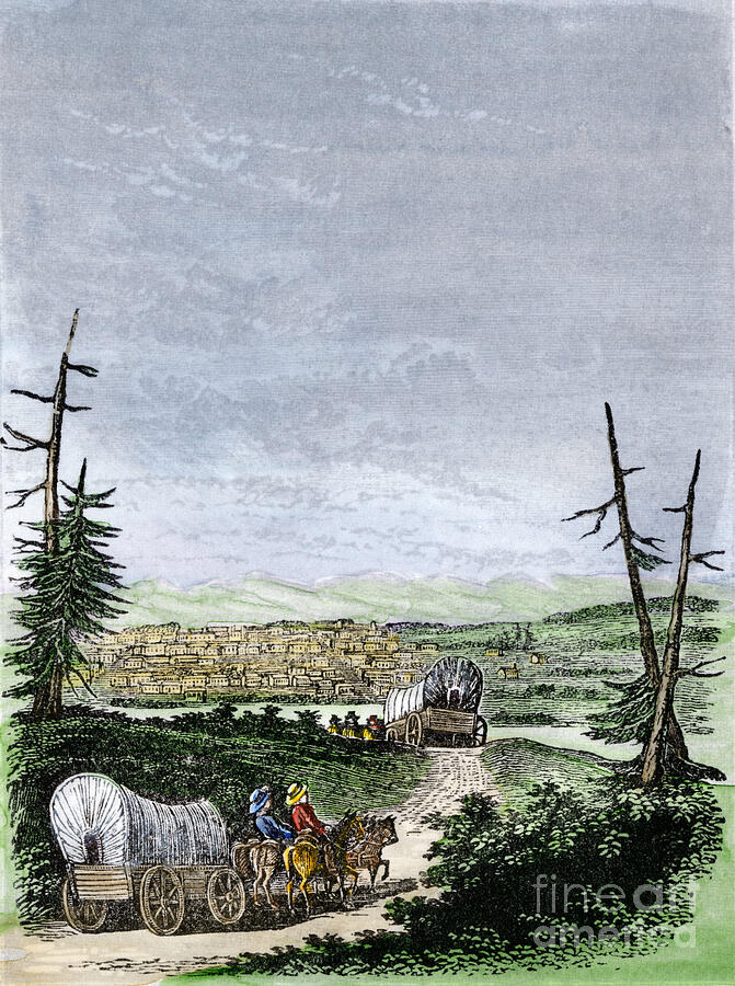 History Of The Settlers And The Conquete Of The West American Pioneers Diligences Arriving In Santa Fe, New Mexico (new Mexico), On The Santa Fe Track, Years 1850 Colourful Engraving Of The 19th Century Drawing by American School