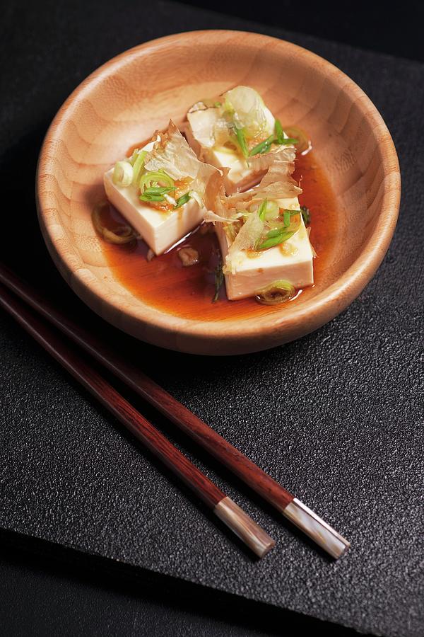 Hiyayakko cold Silk Tofu, Japan With Bonito Flakes, Chives, Grated ...