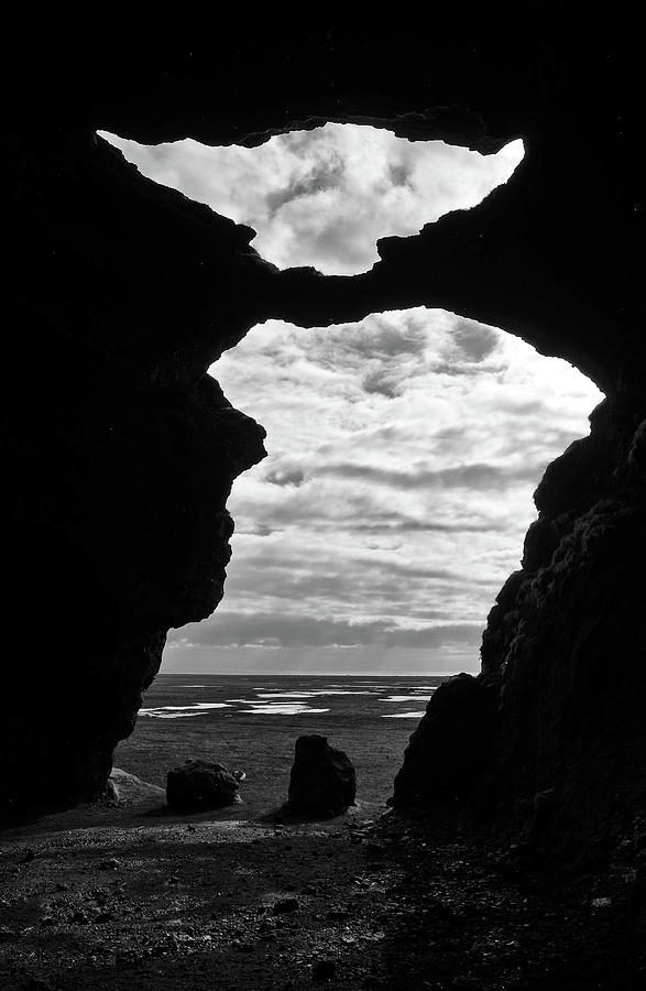 Hjorleifshofdi Yoda Cave Silhouette in Southern Iceland Black and White Photograph by Shawn OBrien