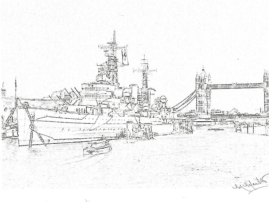 Hms Belfast And Tower Bridge Drawing by Mackenzie Moulton
