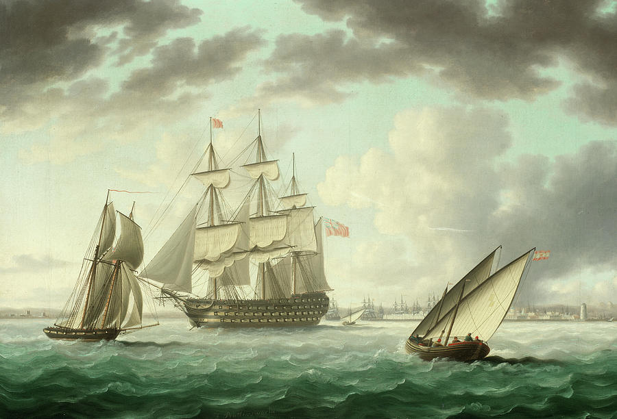 Thomas Buttersworth Painting - HMS Queen Charlotte anchored in Cadiz Bay by Thomas Buttersworth