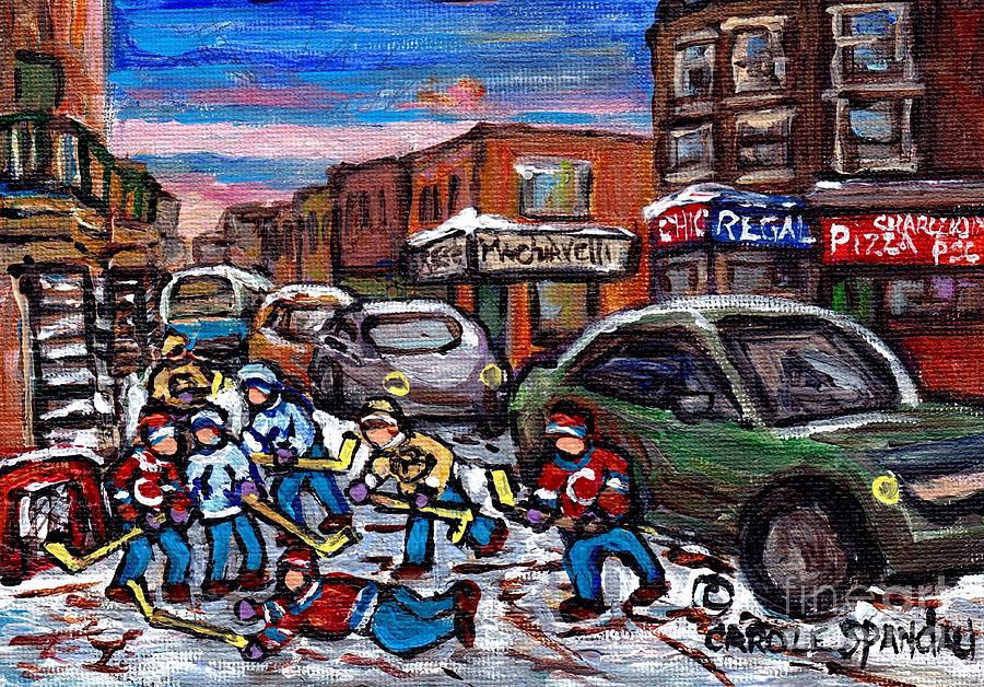 Hockey Art Pointe St Charles Street Scene Chic Regal Machiavelli Charlevoix Pizza C Spandau Artist   Painting by Carole Spandau