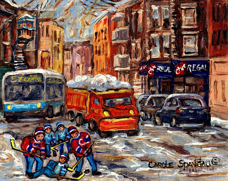 Hockey Art Streets Of The Pointe Sw Montreal Winter Scene Chic Regal Resto C Spandau Quebec Artist Painting by Carole Spandau