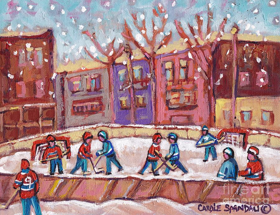 Hockey Practice Neighborhood Suburban Outdoor Rink Snowy Winter Scenes C Spandau Quebec Hockey Art Painting by Carole Spandau
