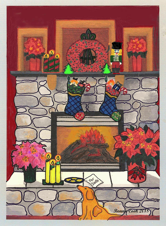 Christmas Painting - Holiday Fireplace by Bonnie B Cook