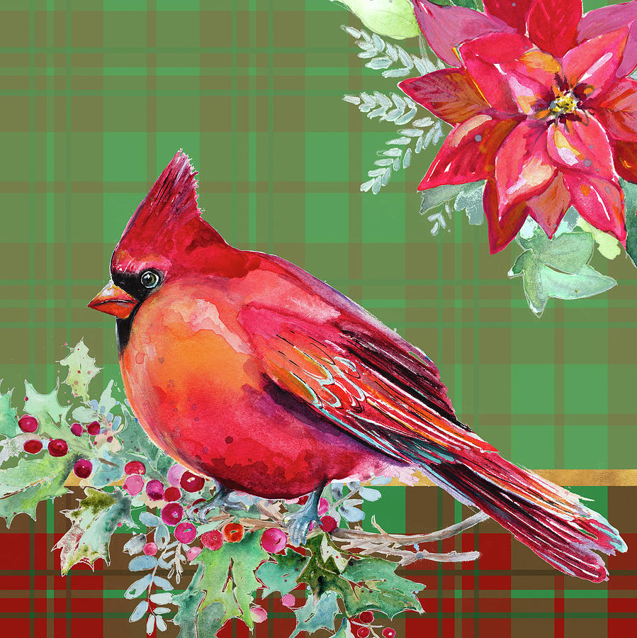 Cardinal Mixed Media - Holiday Poinsettia And Cardinal On Plaid I by Patricia Pinto