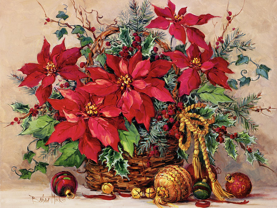 Christmas Painting - Holiday Poinsettia Basket by Barbara Mock