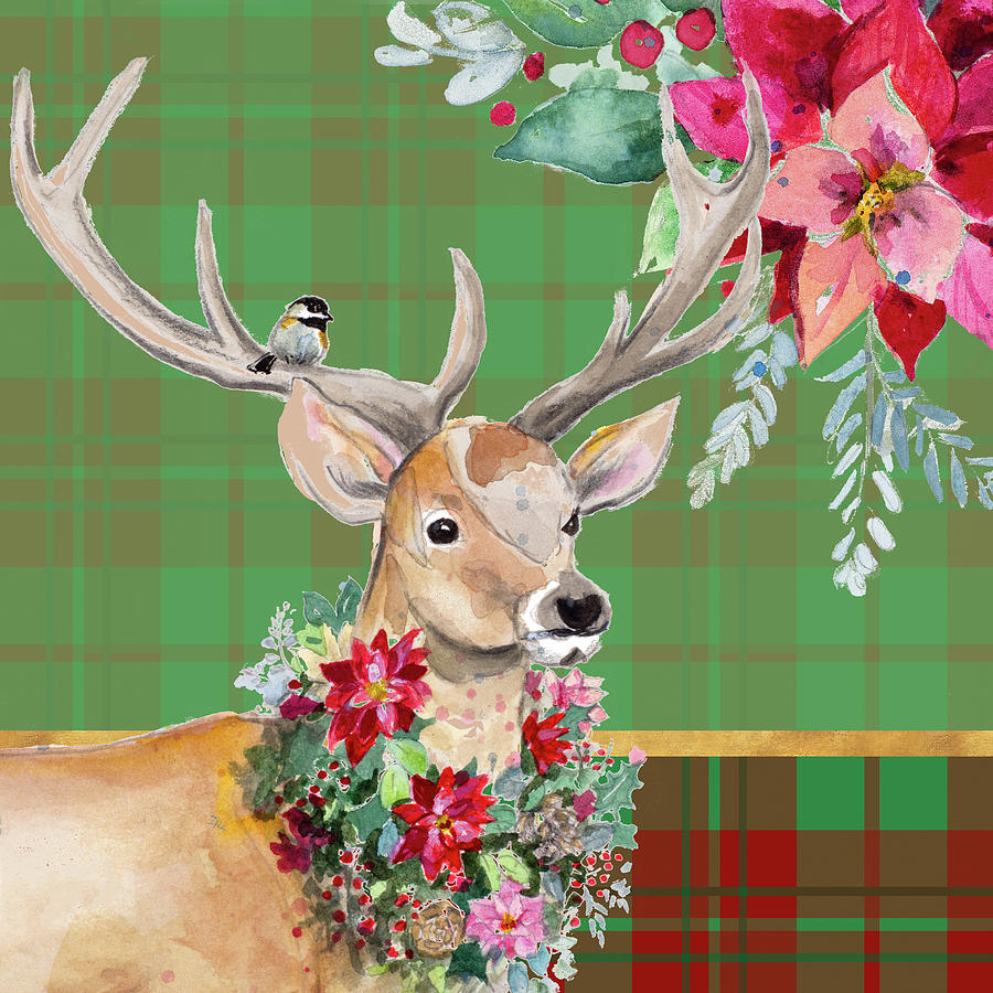 Holiday Mixed Media - Holiday Reindeer On Plaid I by Patricia Pinto