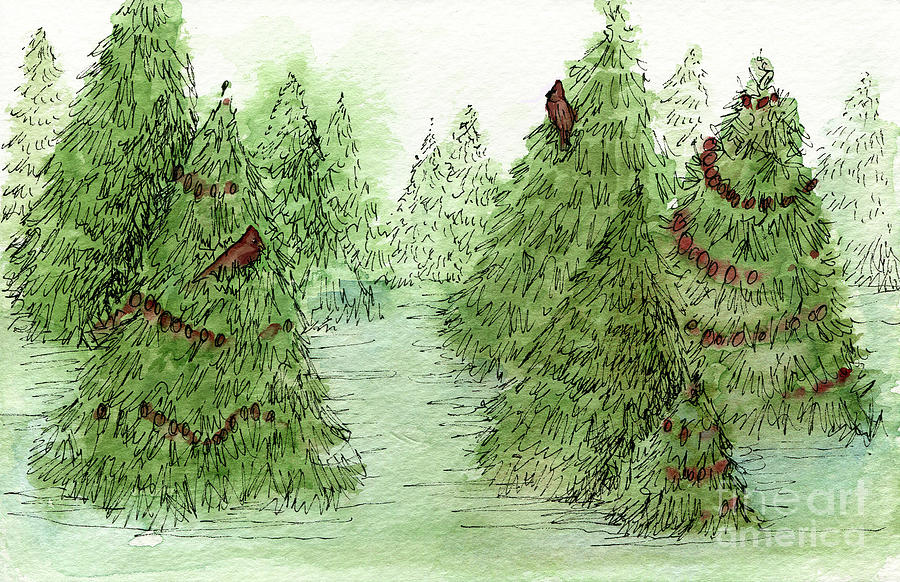 Holiday Trees Woodland Landscape Illustration Painting by Laurie Rohner