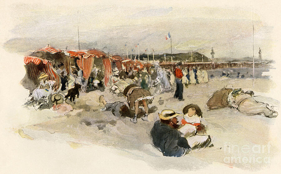 Beach Drawing - Holidaymakers On The Beach Of Trouville Sur Mer (trouville-sur-mer) In France At The Beginning Of The 20th Century Colour Reproduction by American School