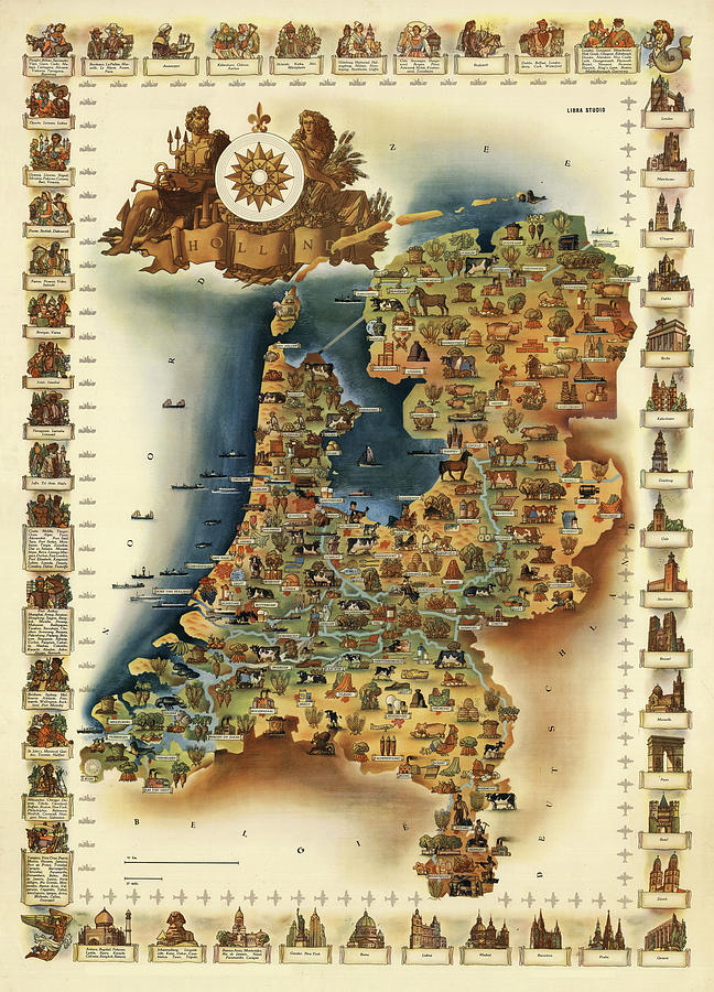 Holland. - Pictorial, Vintage, Old Map Digital Art by Owl Gallery