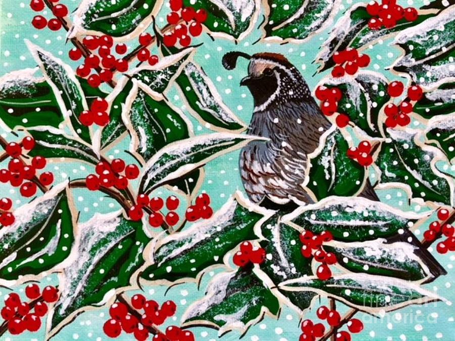 Holly Berry Quail Painting by Jennifer Lake