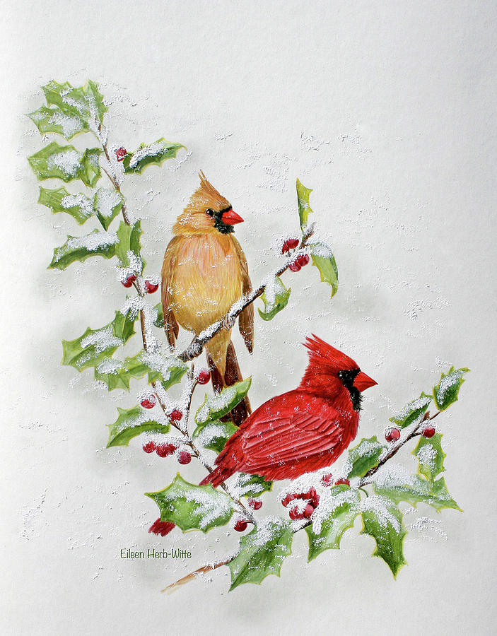 Bird Painting - Holly Cardinals 1 by Eileen Herb-witte