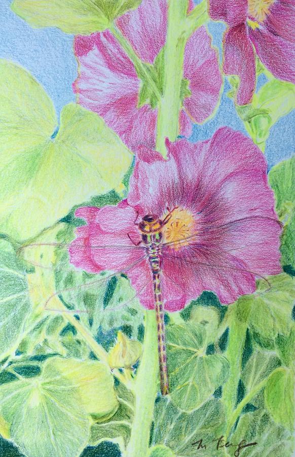 Hollyhock and dragonfly Drawing by Milly Tseng