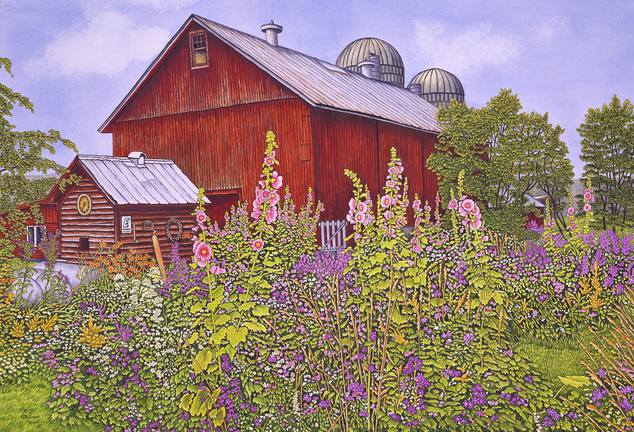 Hollyhock Garden Painting by Thelma Winter