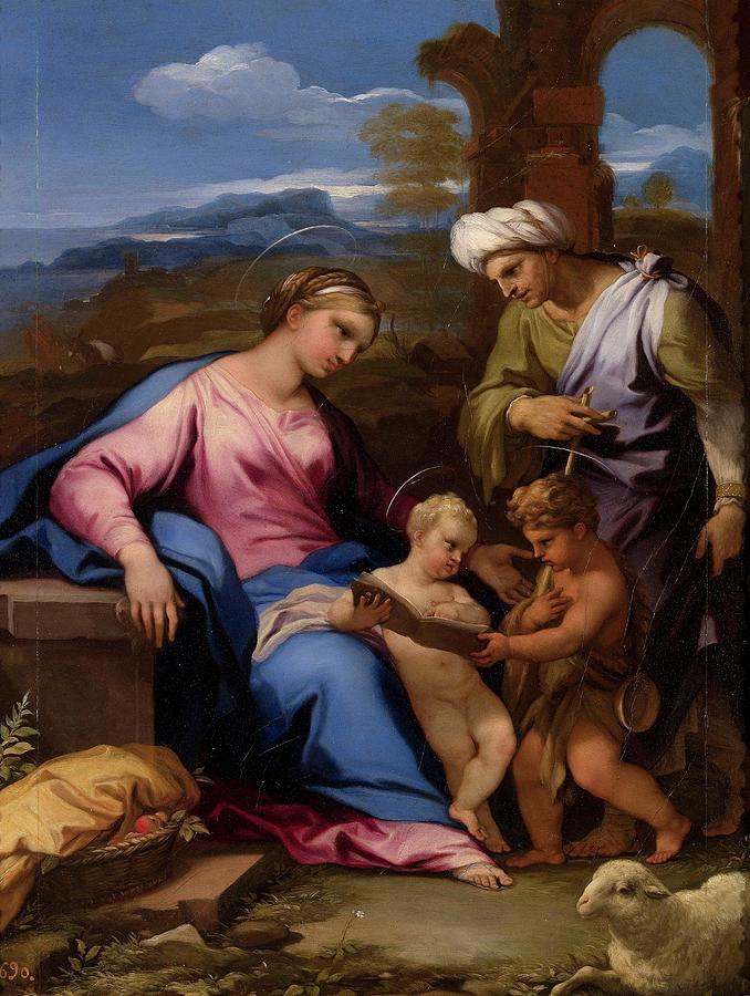 Holy Family, ca. 1697, Italian School, Oil on panel, 49 cm x ... Painting by Luca Giordano -1634-1705-