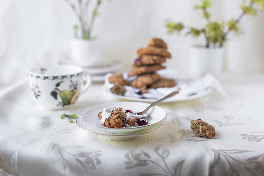 Home Baked Dried Cranberries And Oatmeal Cookies With Marshmallow Sauce Photograph by Albina Bougartchev