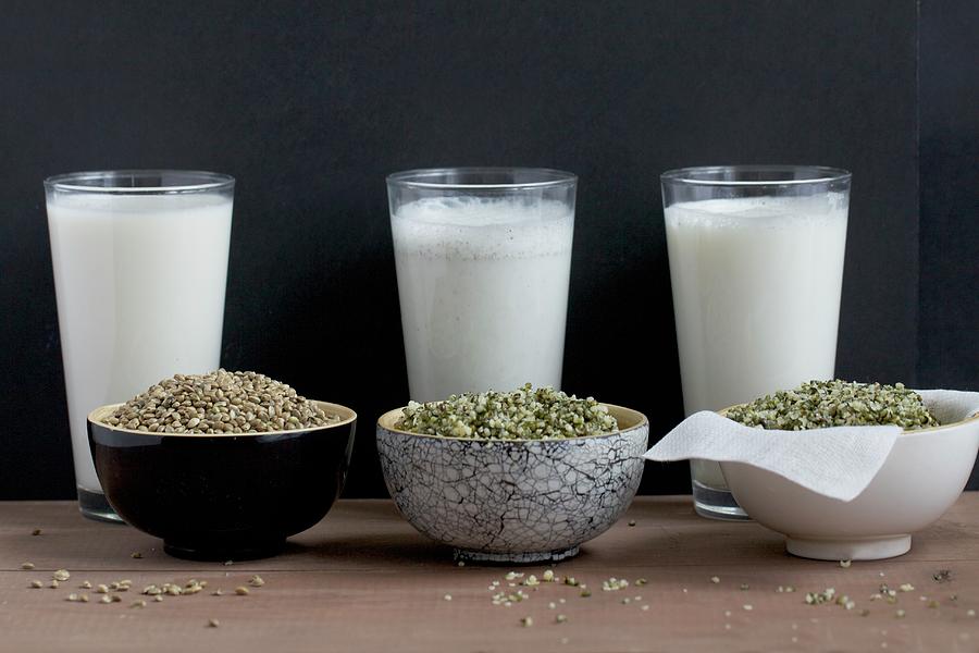 Home-made Hemp Milk With Whole Seeds And Shelled Seeds; Milk Is Still Being Filtered Photograph by Chaudron Pastel