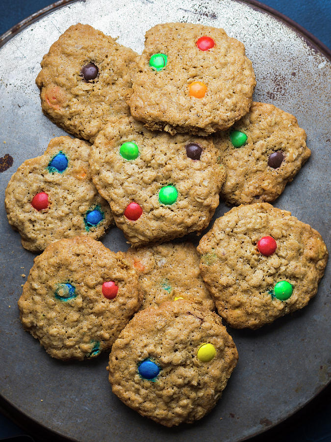 Home Made Oatmeal Cookies With Colorful Chocolate Candies Photograph by Sofya Bolotina