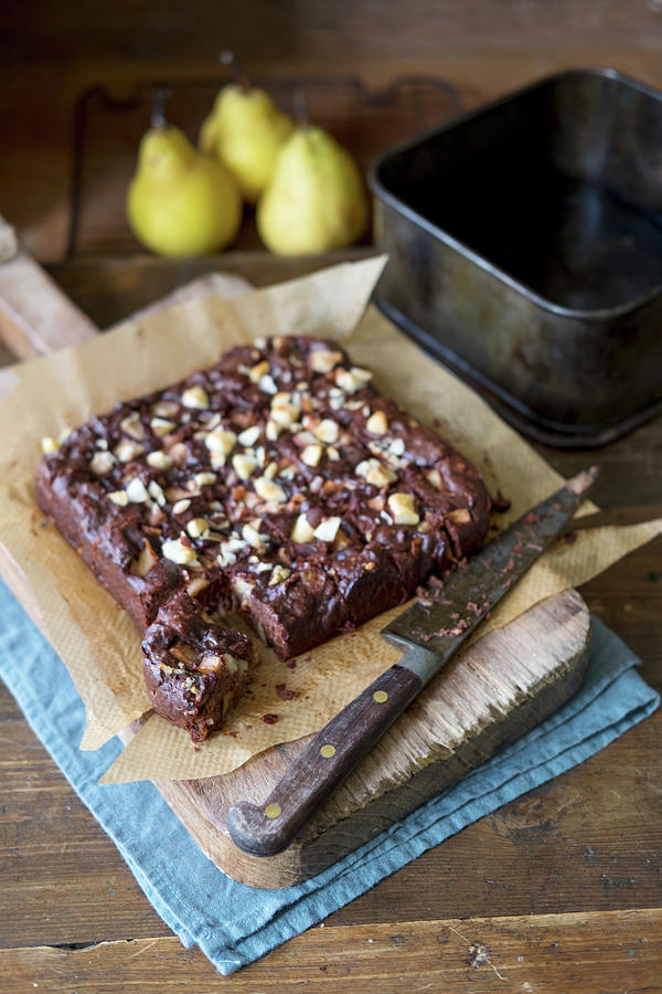 Home Made Pear And Chocolate Brownie, No Flour Photograph by Joan Ransley