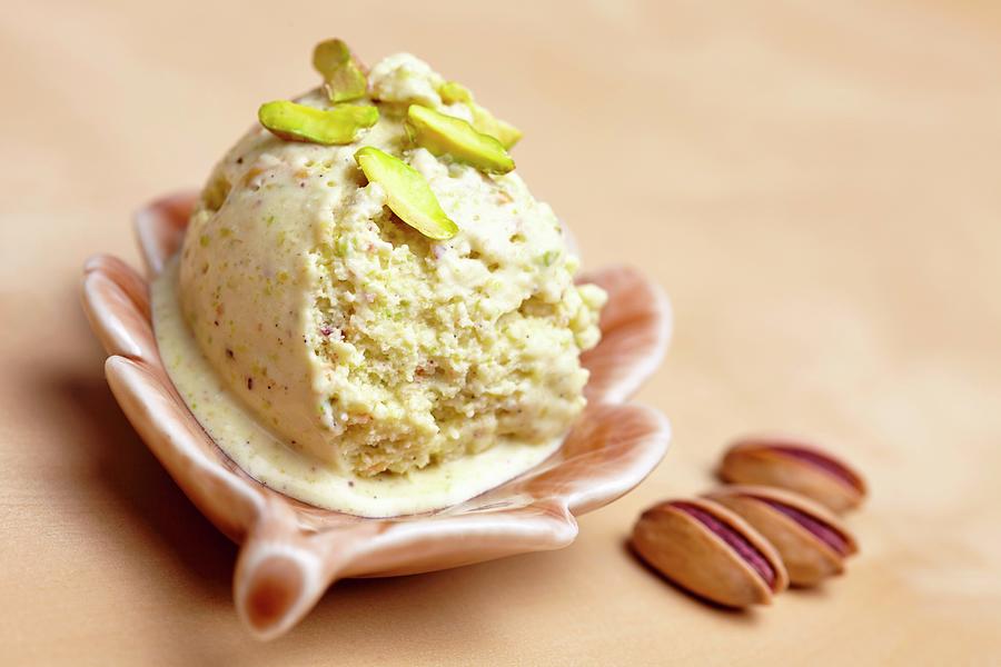 Home-made Pistachio Ice Cream With Pistachios As Decoration, In A Bowl Photograph by Kneschke, Robert