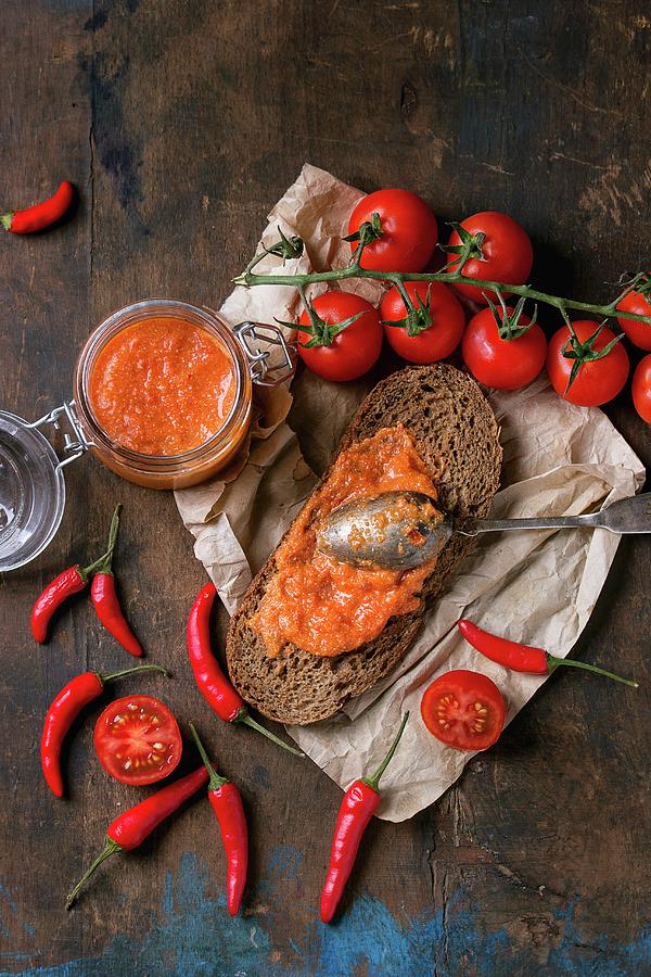 Home-made Sauce Made With Tomato, Red Pepper, Chili Peppers And Sheeps Cheese In Rye Bread And In A Glass Photograph by Natasha Breen