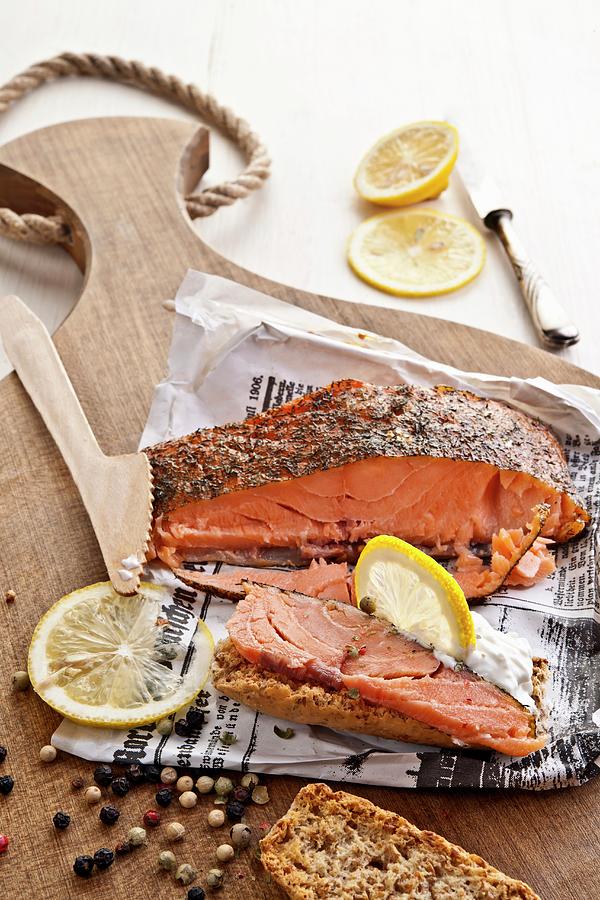 Home-made Smoked Salmon With Peppercorns And Lemon Photograph by Atelier Hmmerle