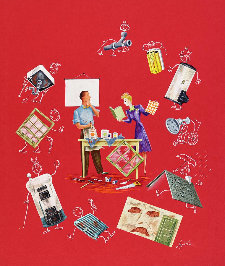Home Maintenance Montage Painting by Constantin Alajalov Home Maintenance Montage Painting by Constantin Alajalov