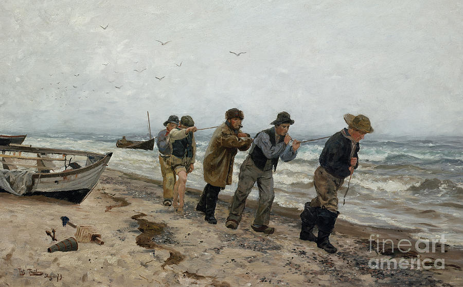 Homecoming fishermen at Skagen Painting by O Vaering by Frits Thaulow