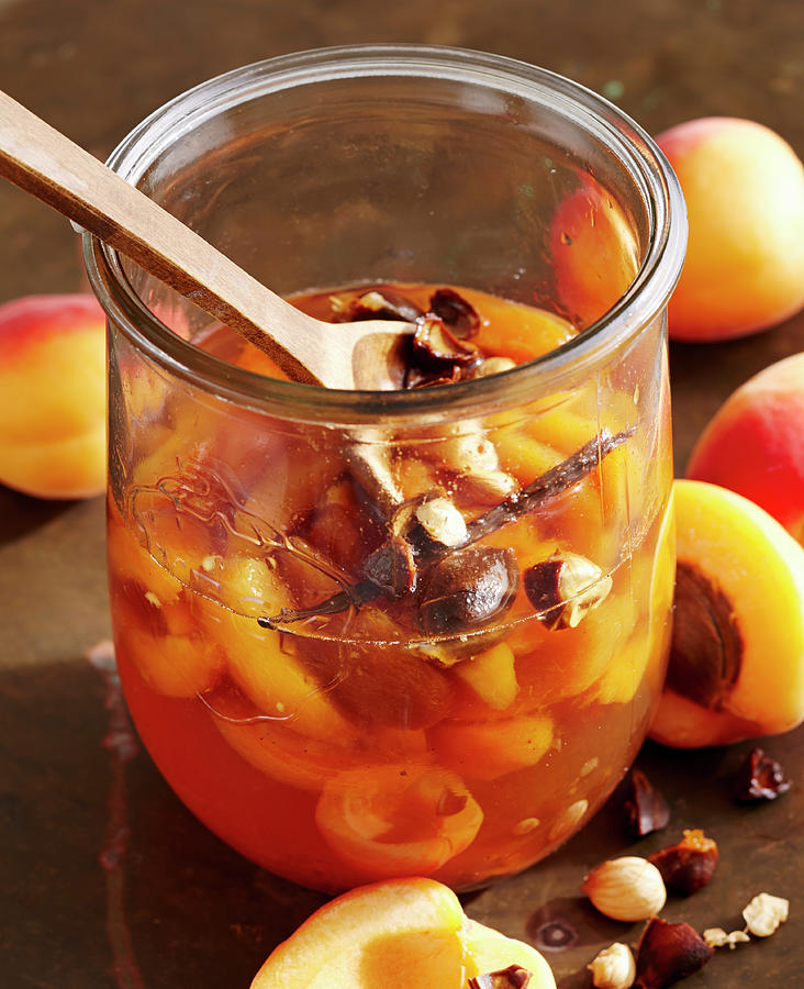 Homemade Apricot Liqueur With Seeds, Fruit, Vanilla And Wine Spirit Photograph by Teubner Foodfoto