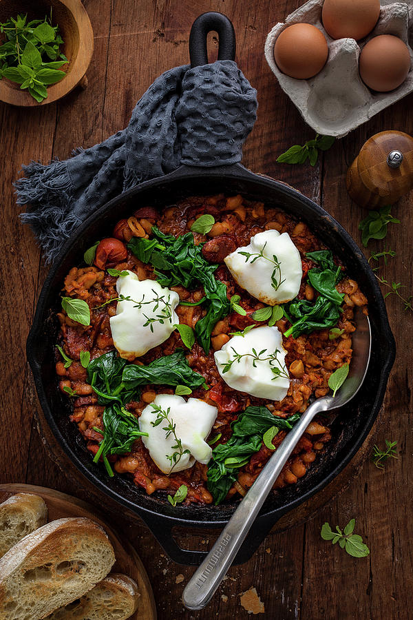 Homemade Baked Beans And Eggs With Spinach Photograph by The Food Union