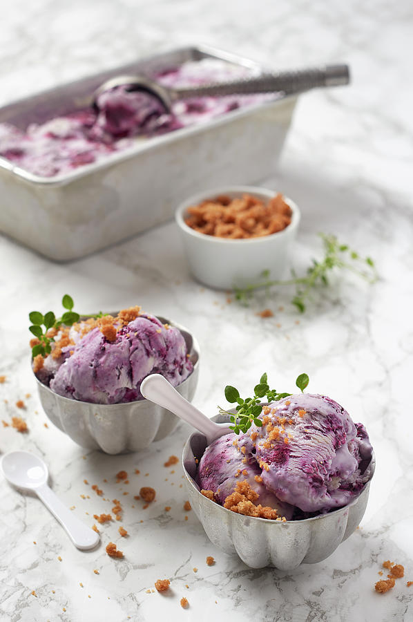Homemade Berry Ice Cream Served With Streusel Photograph by Janellephoto