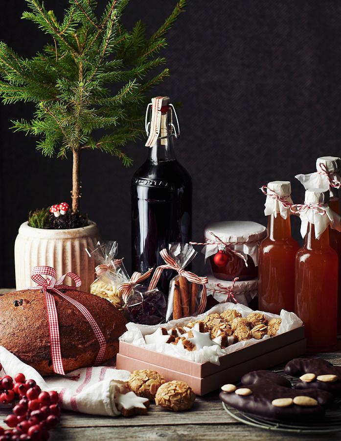 Homemade Cakes And Drinks As Gifts On A Christmas Table Photograph by Hannah Kompanik