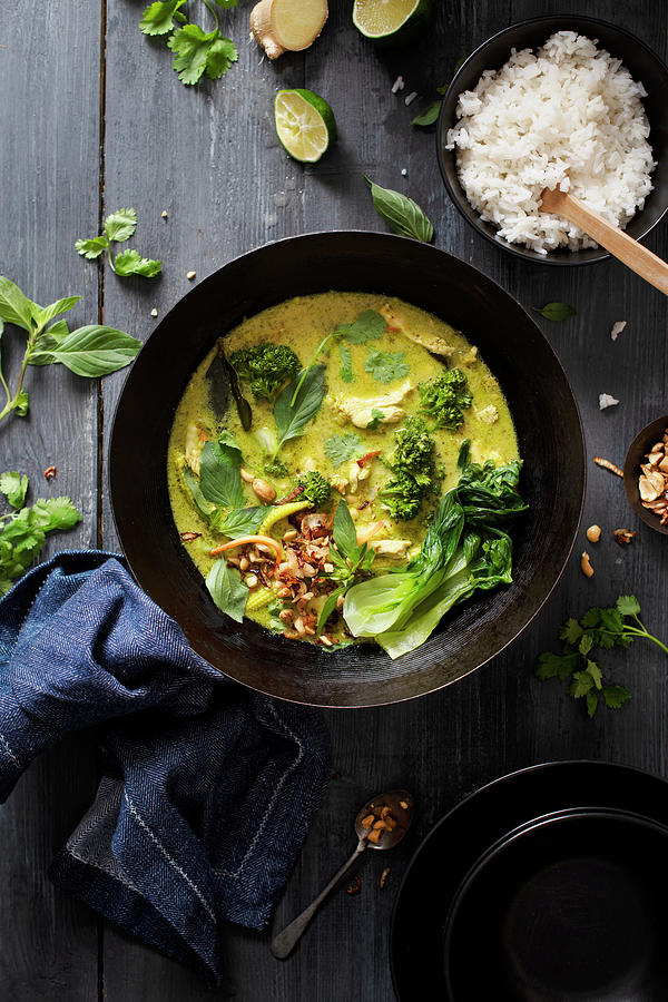 Homemade Chicken Thai Green Curry With Coriander And Thai Basil Leaves Photograph by Magdalena Hendey