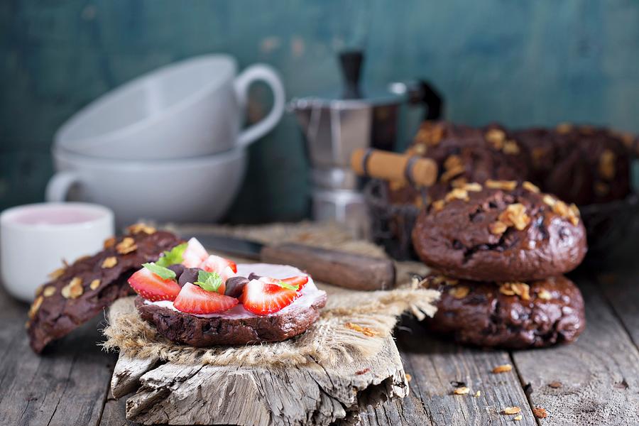 Bread Photograph - Homemade Chocolate Bagels With Cream Cheese And Strawberries by Elena Veselova